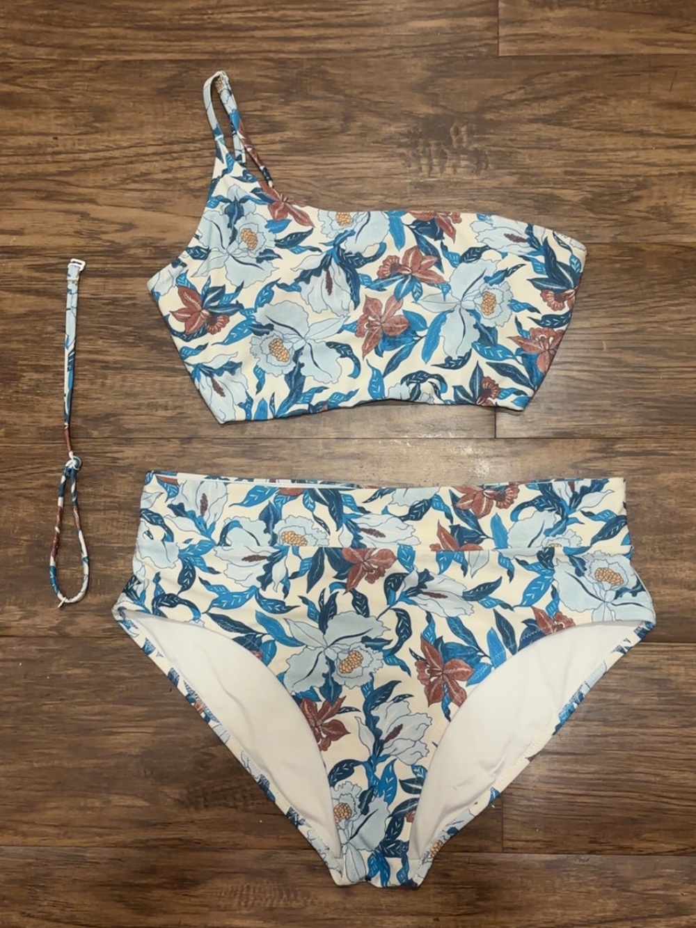 Old Navy Cream Floral One-Shoulder Bikini Set with Blue and Rust Accents